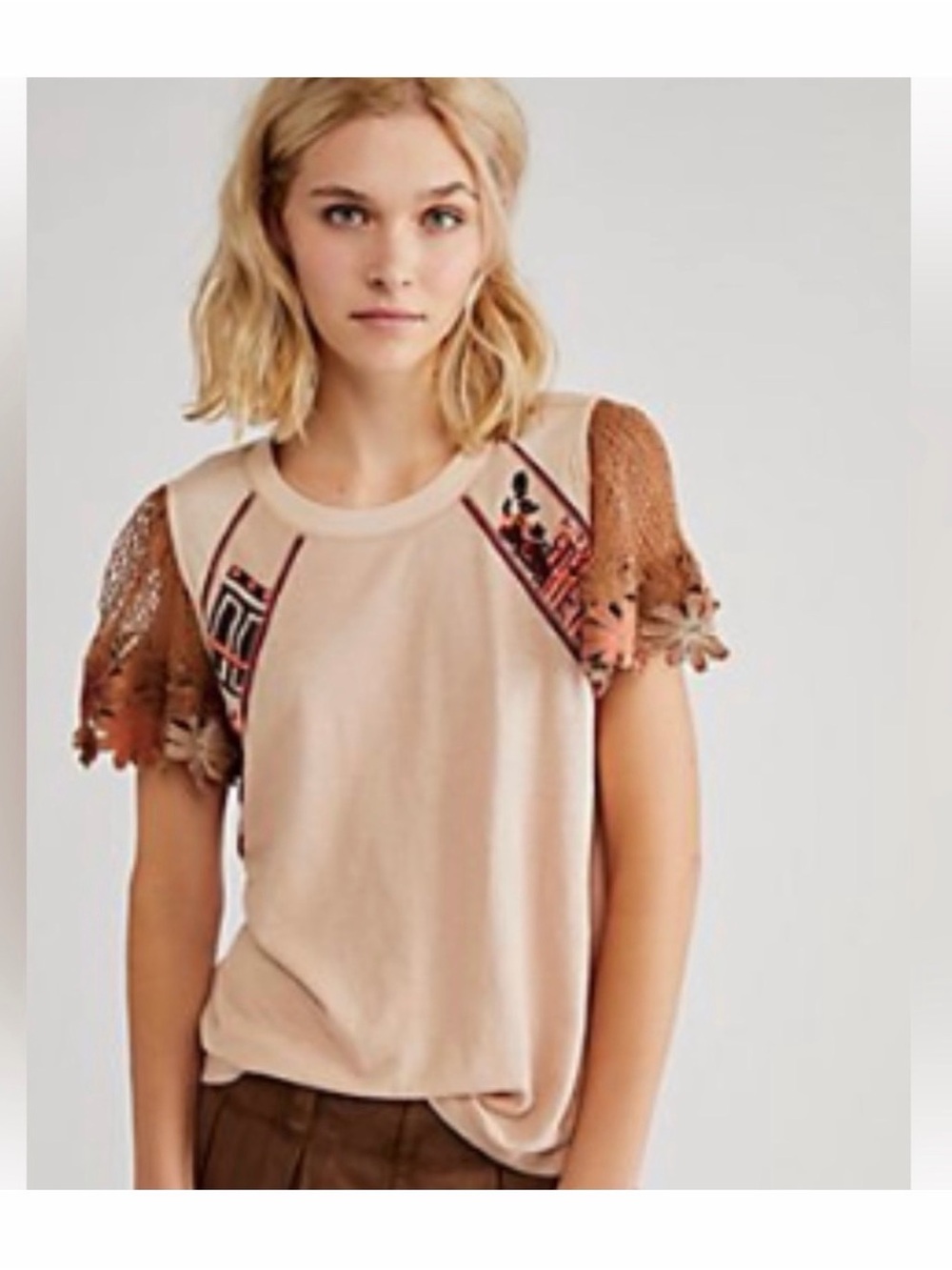 Free People “As If” Crochet Sleeve Tee in Misty Mink Combo XS